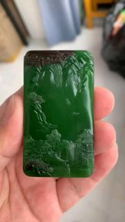 和田玉碧玉山水牌子,俄碧老料,辣阳绿色,苏工精雕,颜色够好
