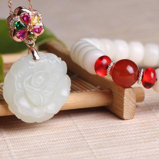 和田玉玫瑰花吊坠配温雅菩提根手串套组